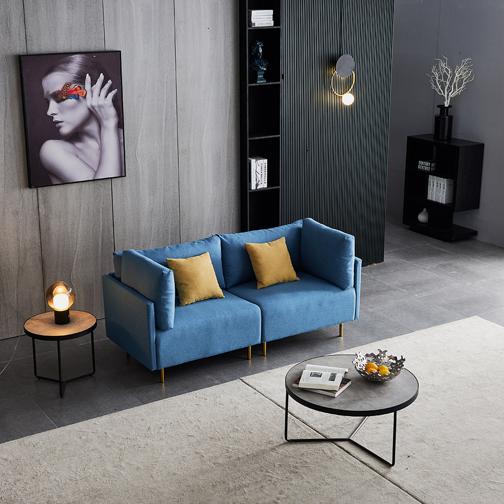 74" Dual Person Fabric Sofa Metal Legs Foam Filling, Easy to Clean, for Living Room, Apartment, Studio, Office - Blue
