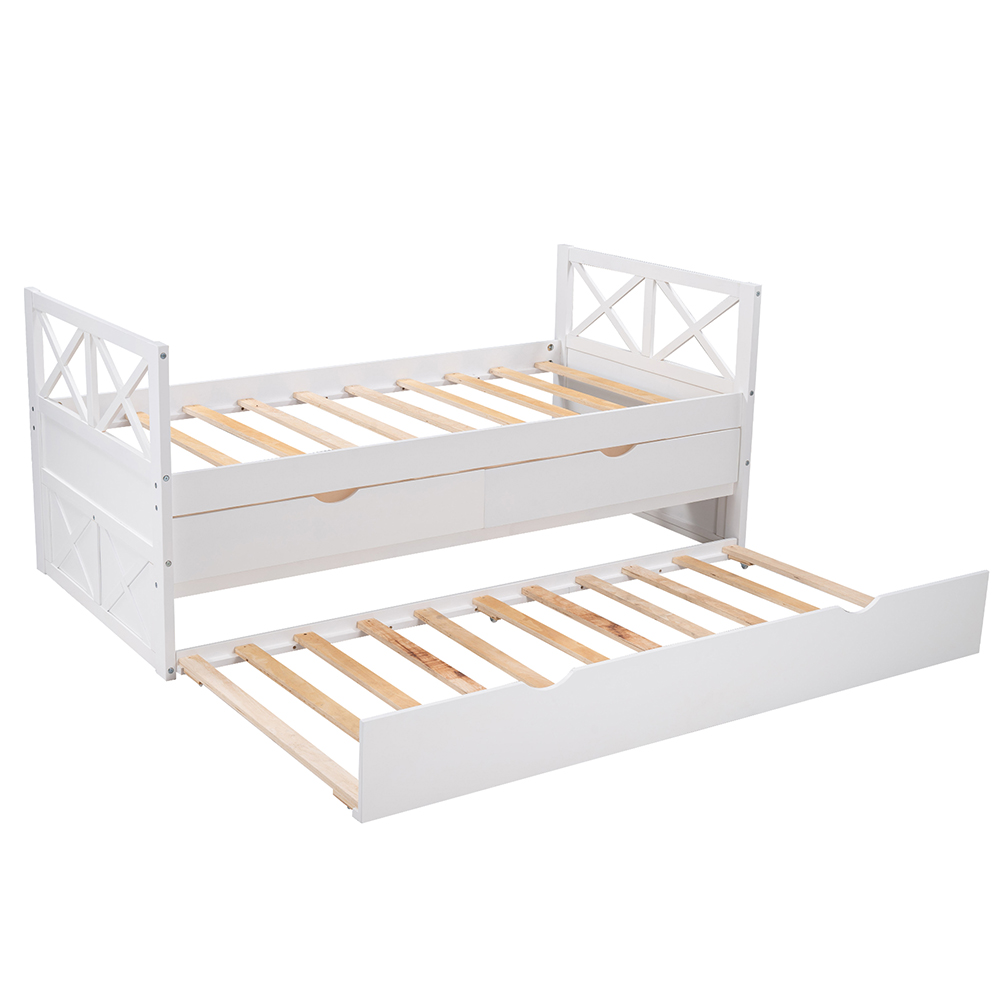 Twin Size Wooden Bed Frame with Storage Drawers and Trundle Bed Suitable for Family with Multiple Children - White
