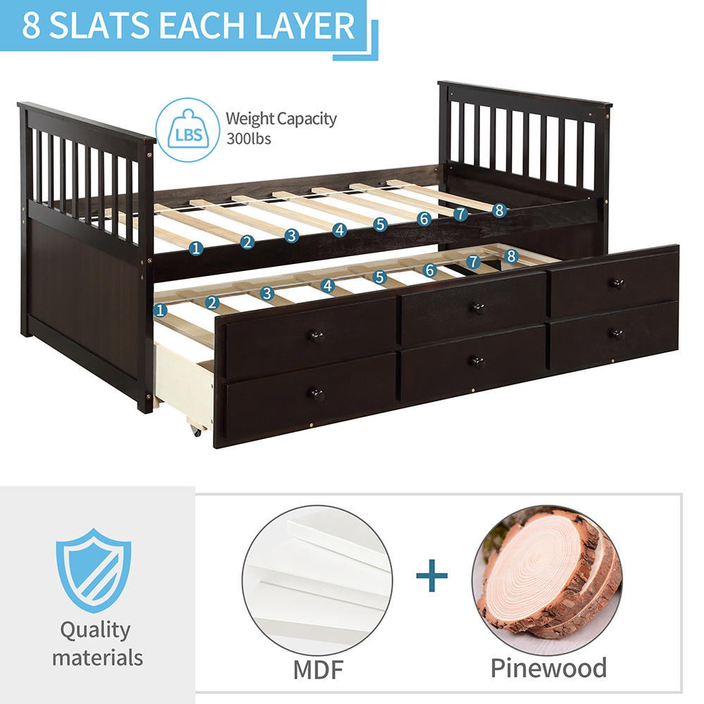 TOPMAX Captain's Twin Size Bed Frame with Trundle Bed and Storage Drawers, for Boys, Girls and Small Rooms - Espresso