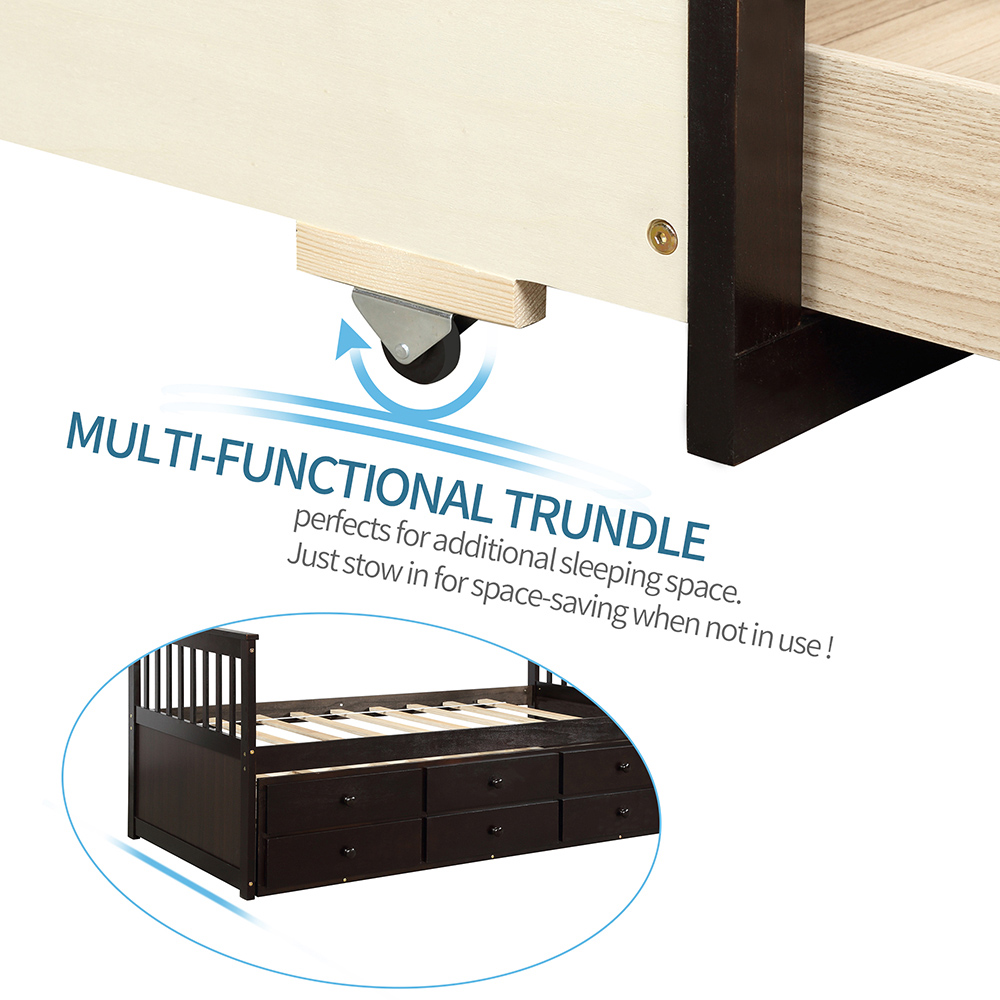 TOPMAX Captain's Twin Size Bed Frame with Trundle Bed and Storage Drawers, for Boys, Girls and Small Rooms - Espresso