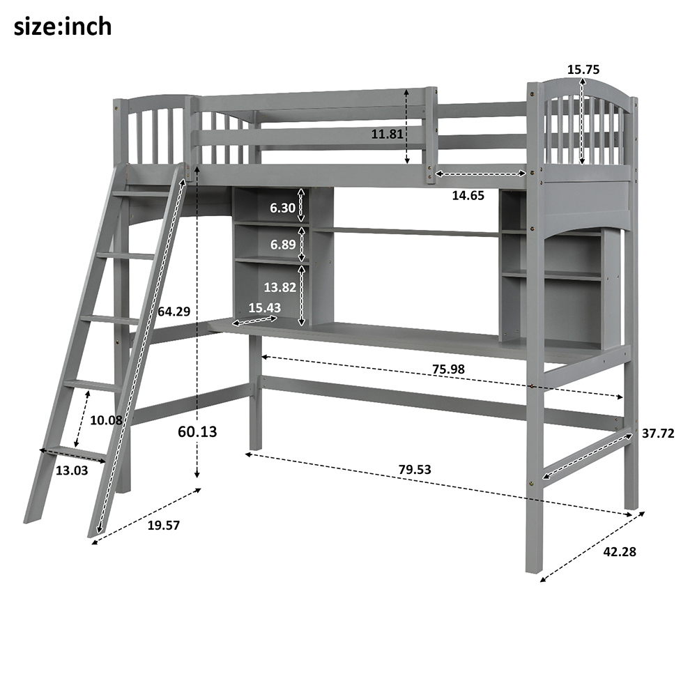 Twin Size Wooden Loft Bed Frame With Desk, Bookshelf, Ladder, and Guardrail for Small Rooms - Gray