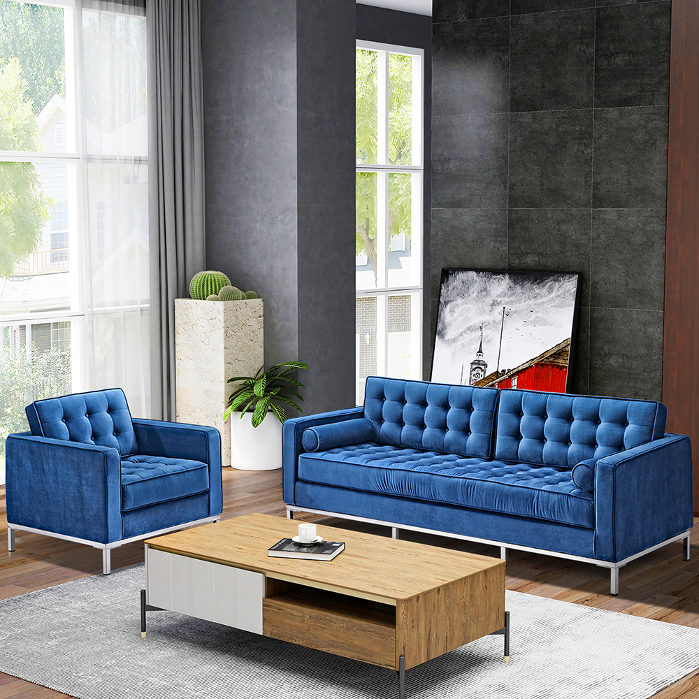 1-seat Velvet Sofa with Backrest and Armrests for Living Room, Bedroom, Office, Hotel, Bar - Blue