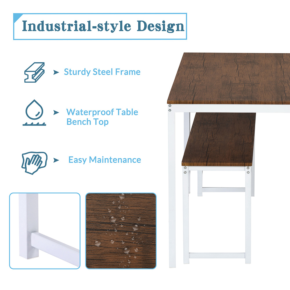 TOPMAX 3 Piece Bar Table Set with 2 Benches for Kitchen, Living Room, Bar, Restaurant - Brown + White