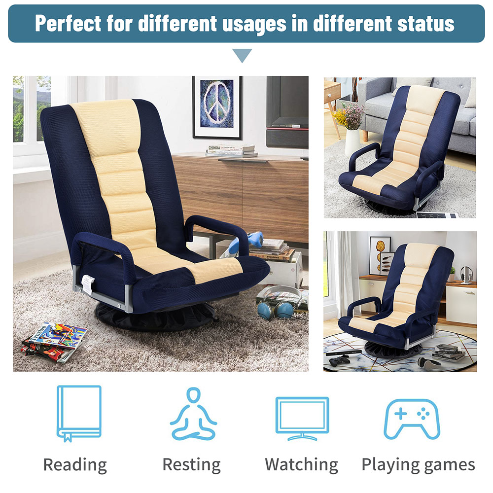 TOPMAX Folding Rocker Gaming Chair Steel Frame Linen Fabric Cover 7 Adjustment Points - Blue + Beige