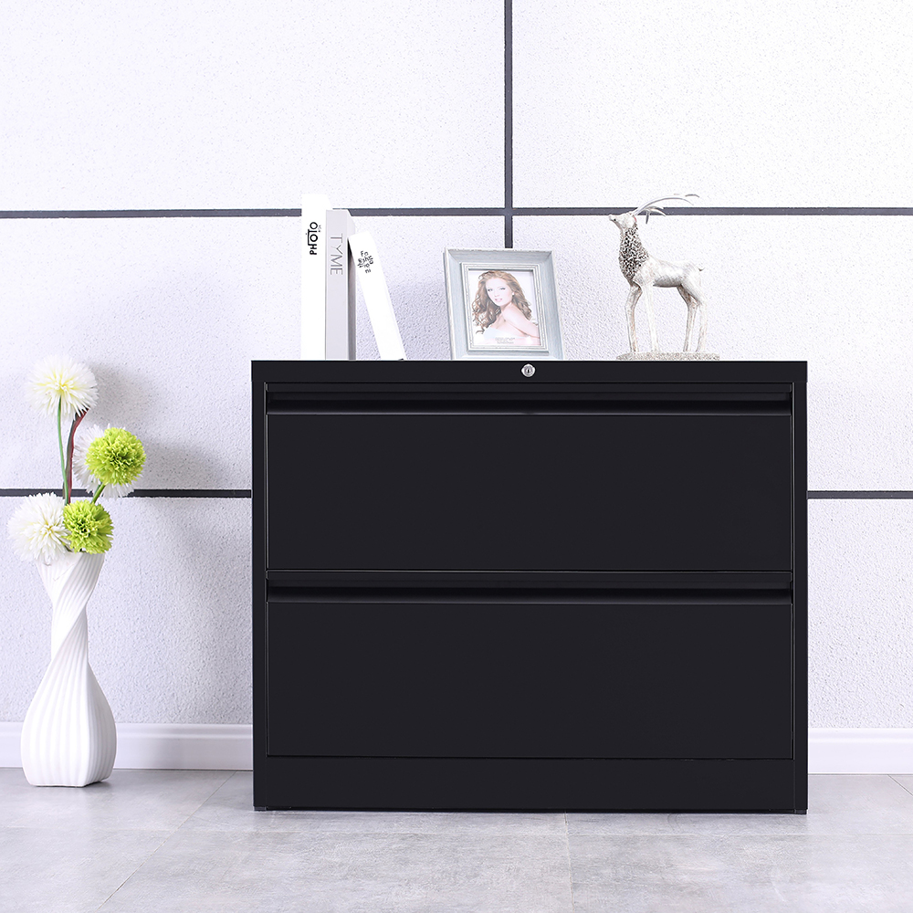 Home Office Metal Lateral File Cabinet with 2 Drawers and Lock - Black