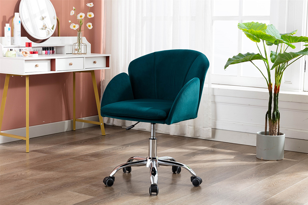 COOLMORE Velvet Swivel Chair Height Adjustable with Curved Backrest and Casters for Living Room, Bedroom, Office - Teal