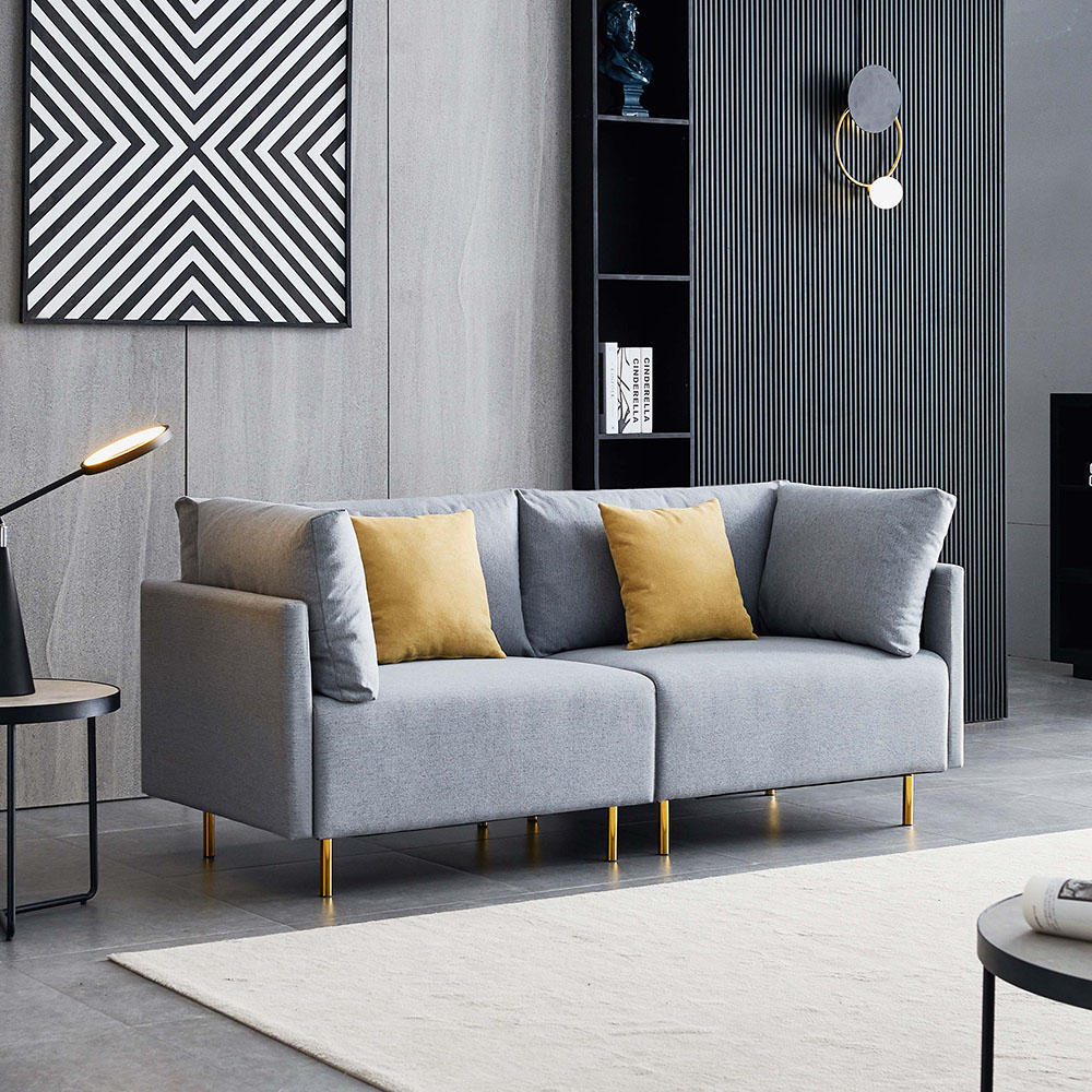74" Dual Person Fabric Sofa Metal Legs Foam Filling, Easy to Clean, for Living Room, Apartment, Studio, Office - Gray