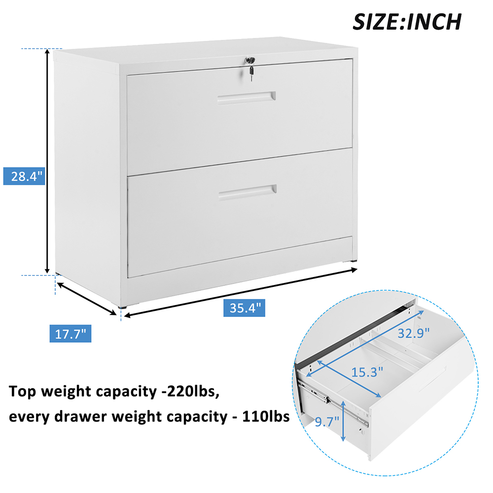 TREXM Home Office Metal Lateral File Cabinet with 2 Drawers and Lock - White