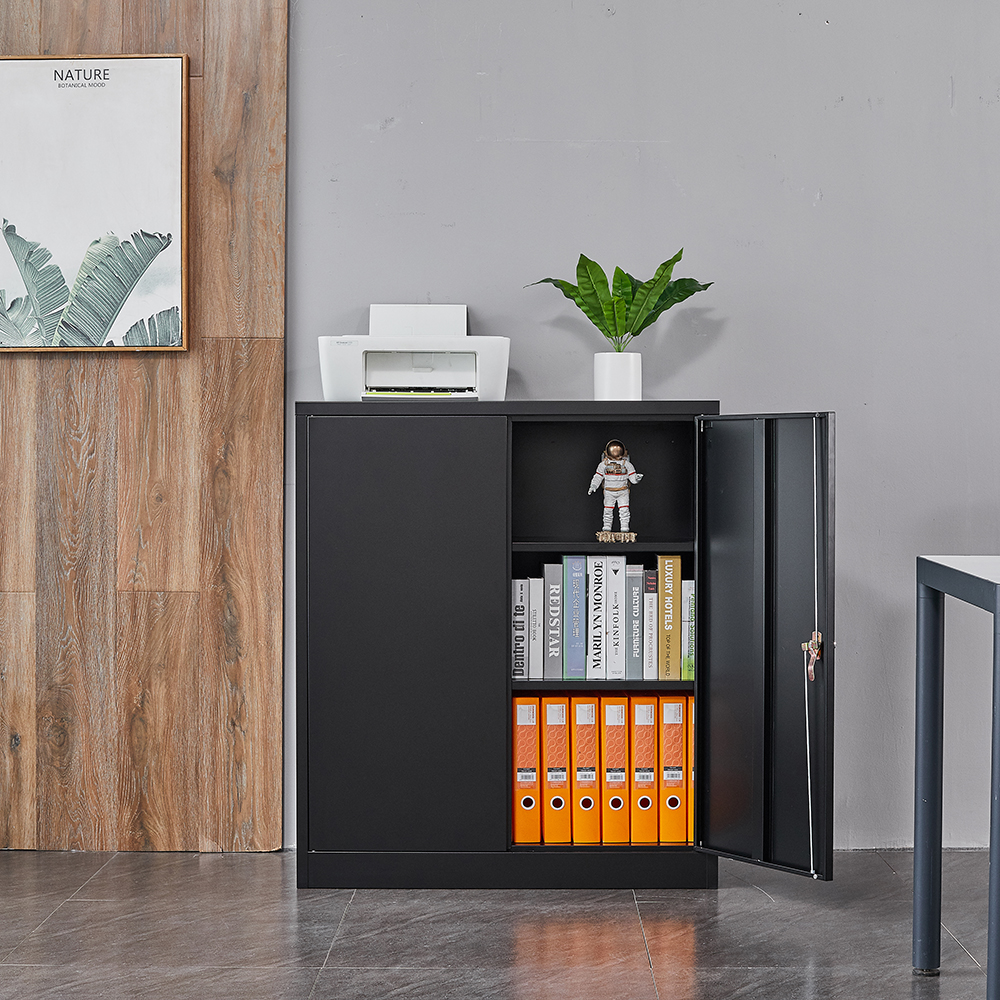 Home Office Steel Storage Cabinet with 2 Adjustable Partitions and Door Lock - Black