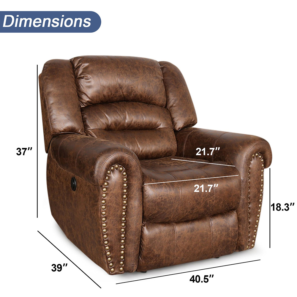 1-seat PU Leather Electric Recliner with Backrest and Armrests, and USB Port for Living Room, Bedroom, Office, Hotel, Bar - Nut Brown