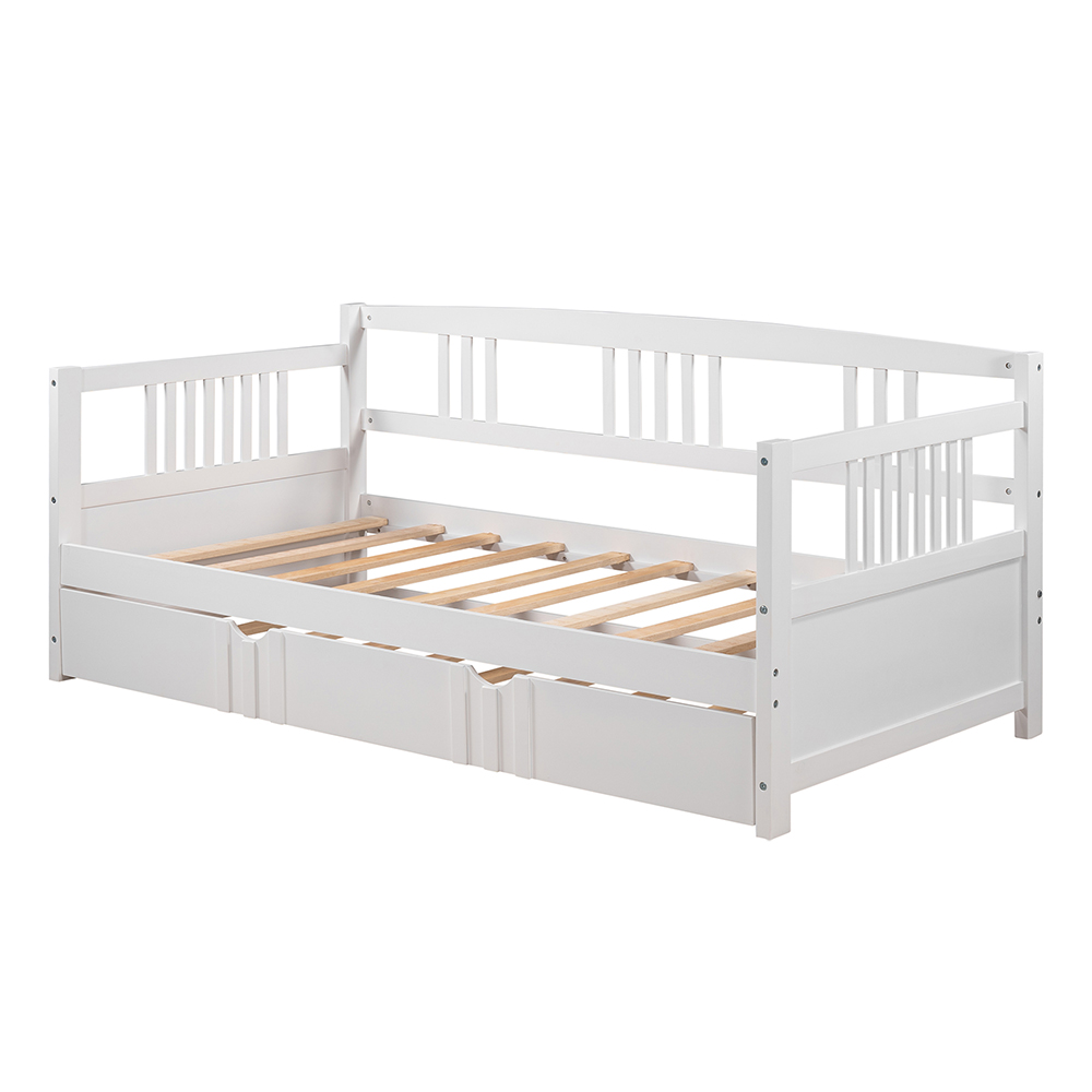 Twin Size Multifunctional Pine Sofa Bed with Hidden Casters Bed - White