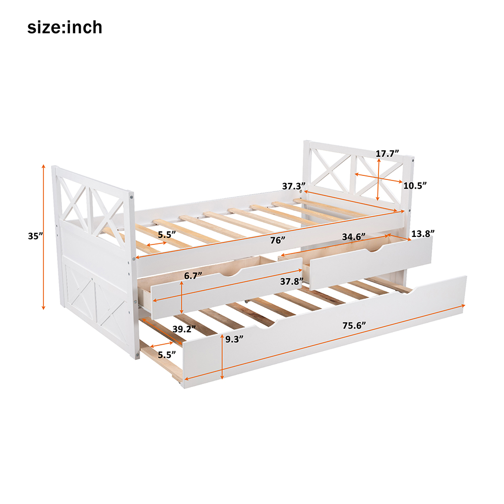 Twin Size Wooden Bed Frame with Storage Drawers and Trundle Bed Suitable for Family with Multiple Children - White