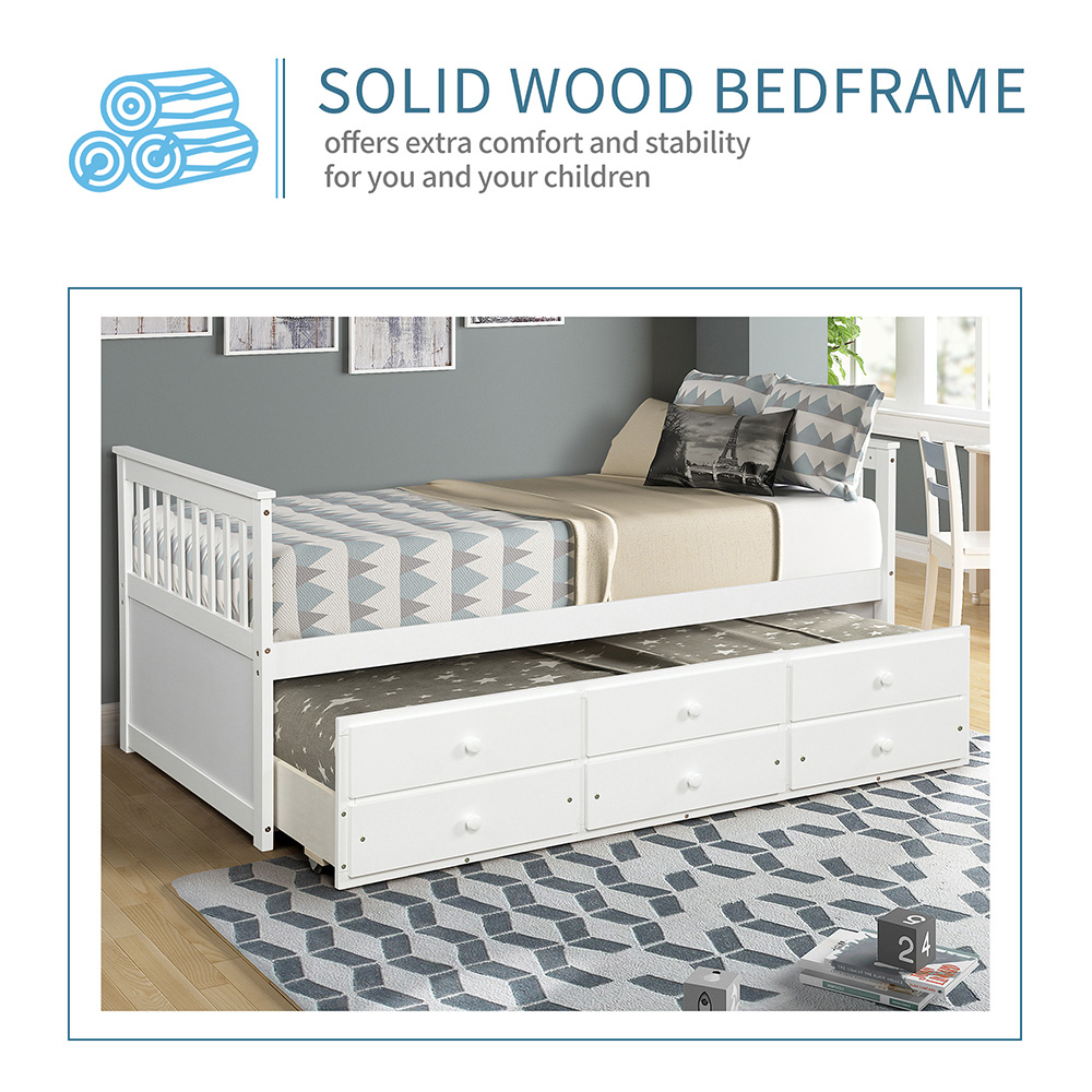 TOPMAX Captain's Twin Size Bed Frame with Trundle Bed and Storage Drawers, for Boys, Girls and Small Rooms - White
