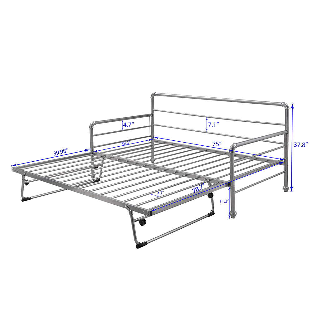 Twin Size Steel Sofa Bed Frame with Adjustable Trundle Bed - Silver