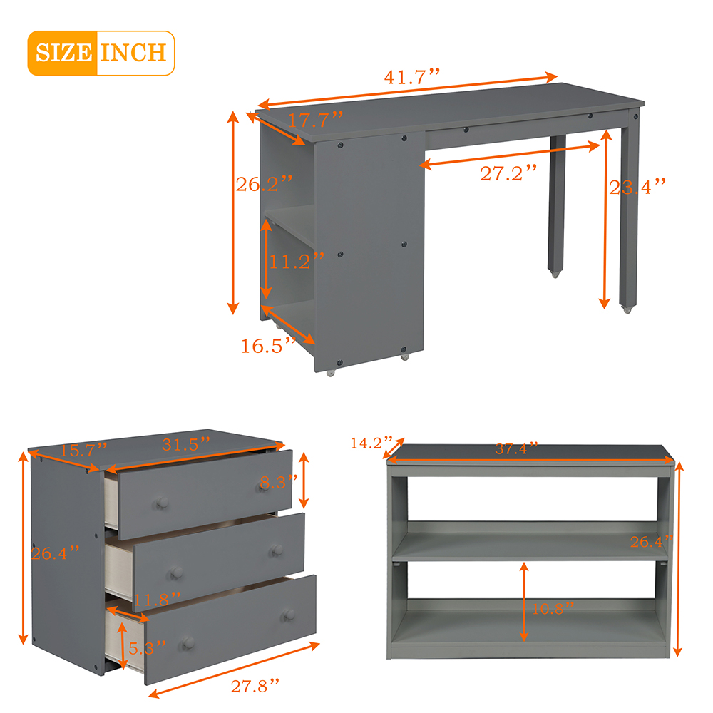 Twin Size Wooden Elevated Bed Frame with Storage Cabinet, Bookshelf, Portable Desk for Small Rooms - Gray