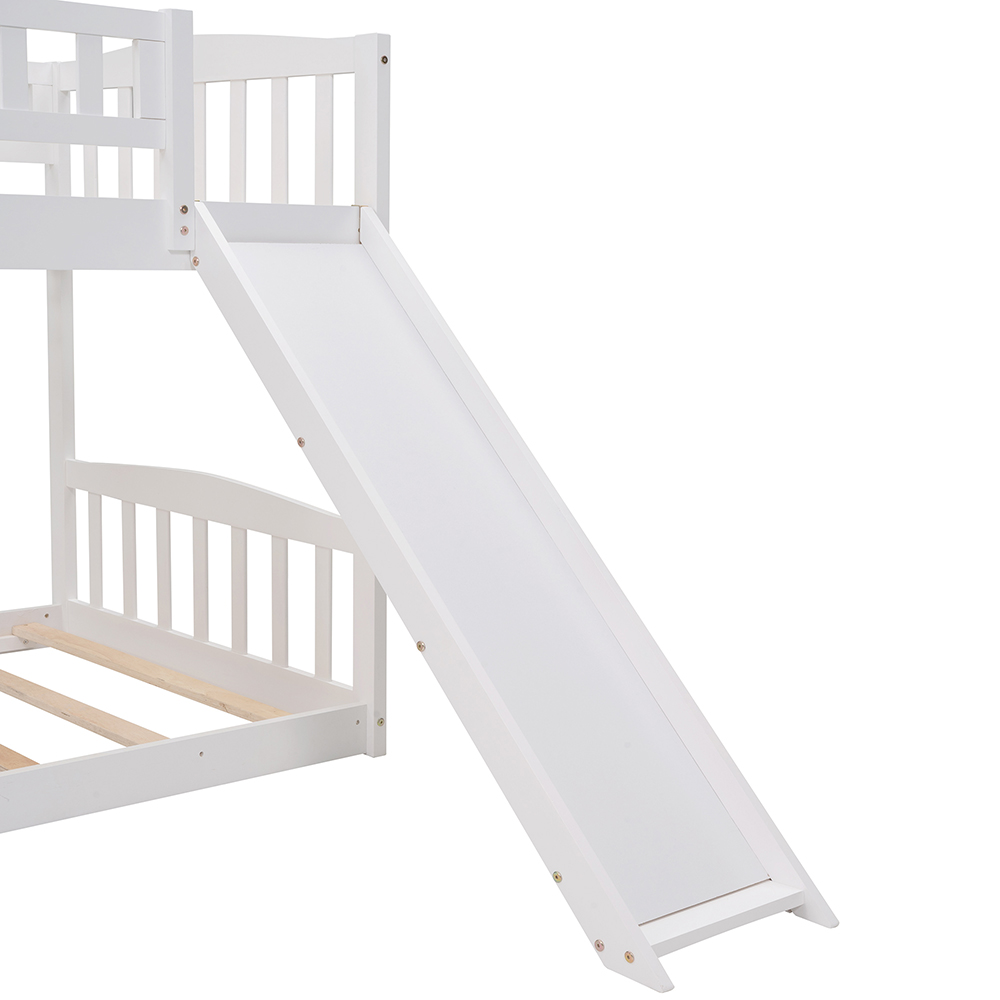 Twin-Over-Twin Size Wooden Bunk Bed Frame with Ladder, Storage Stairs, and Slide Suitable for Families with Multiple Children - White