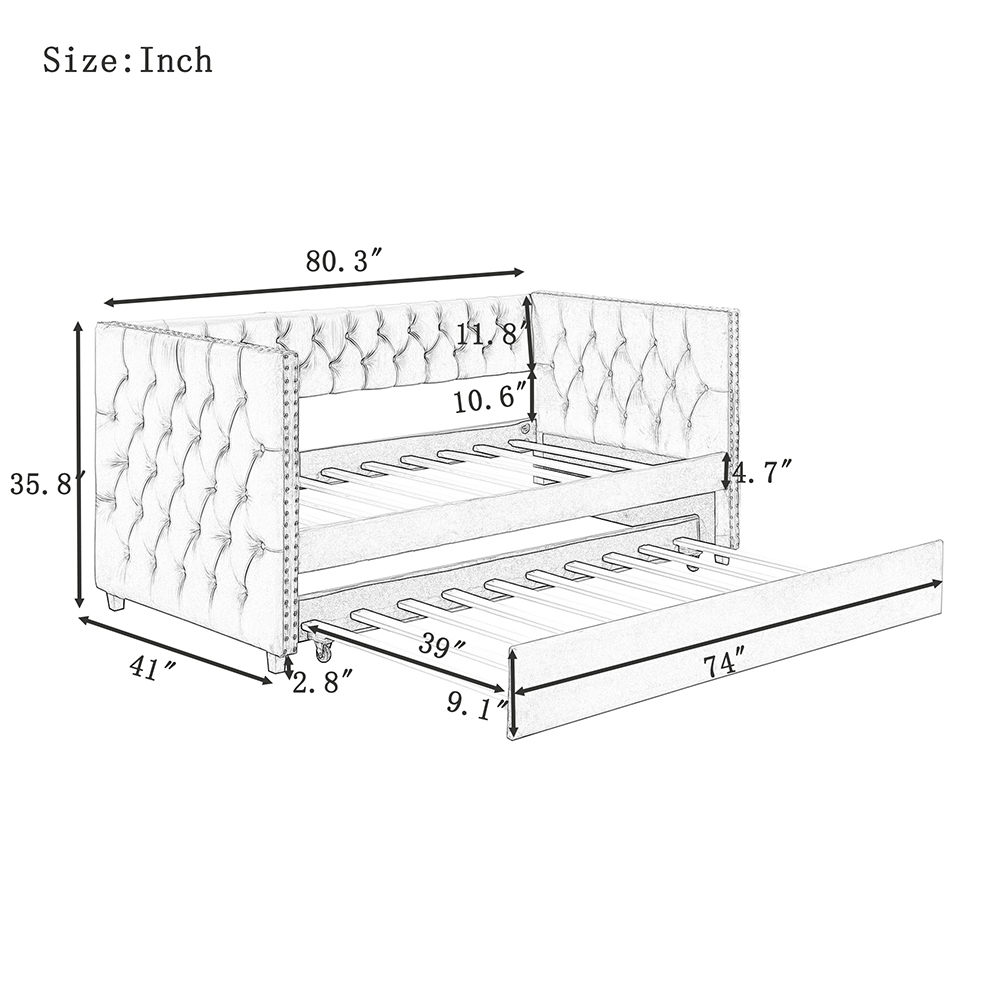 TOPMAX Twin Size Upholstered Tufted Sofa Bed Wooden Frame with Trundle Bed and Armrests - Gray
