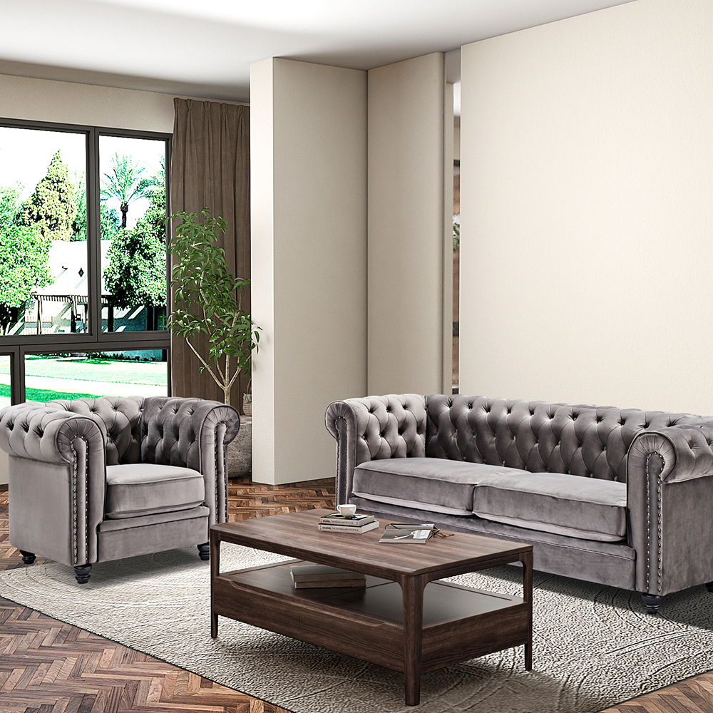 2-seats Velvet Sofa Solid Wood Oak Legs for Living Room, Bedroom, Office, Hotel, Bar, Restaurant - Gray