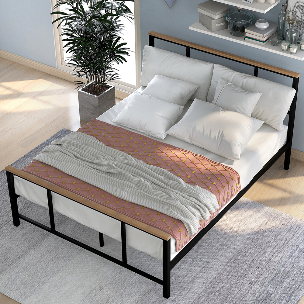 Twin Size Metal Bed Frame with Pine Wood Headboard and Footboard - Black