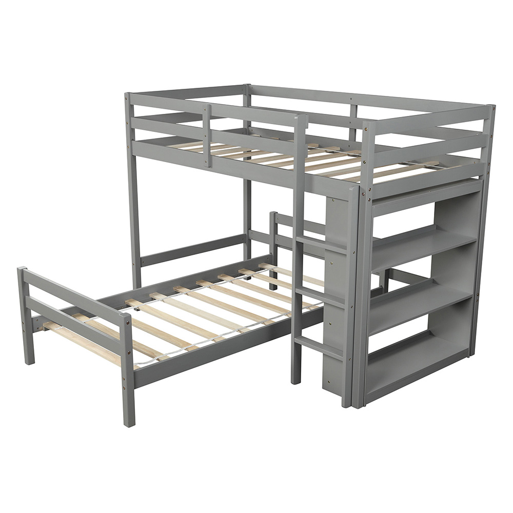 Twin-Over-Twin Size Wooden Bunk Bed Frame with 3-layer Shelf, for Families with Multiple Children - Gray