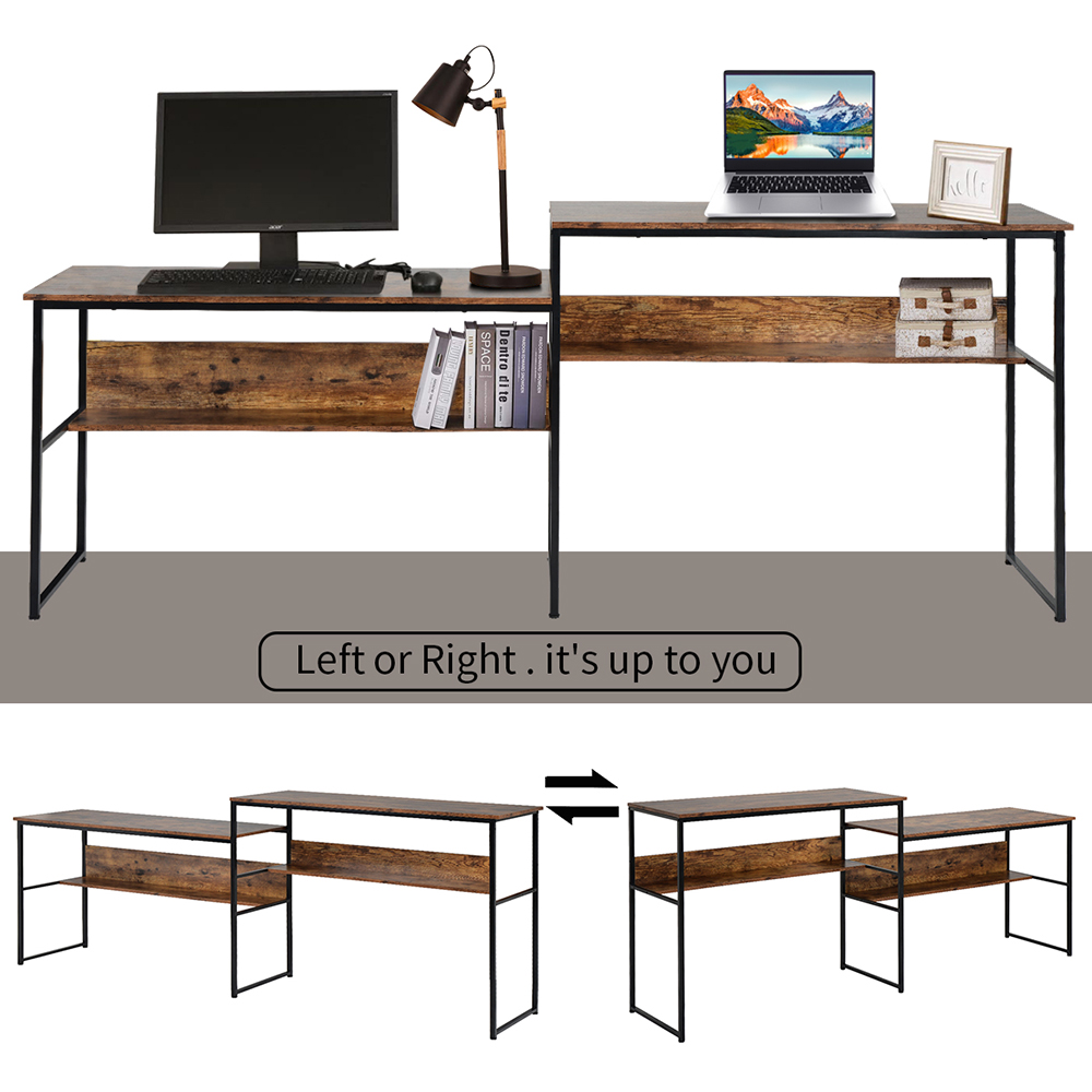 Home Office Dual Person Computer Desk Different Heights of the Desktop, with Open Bottom Shelf - Brown