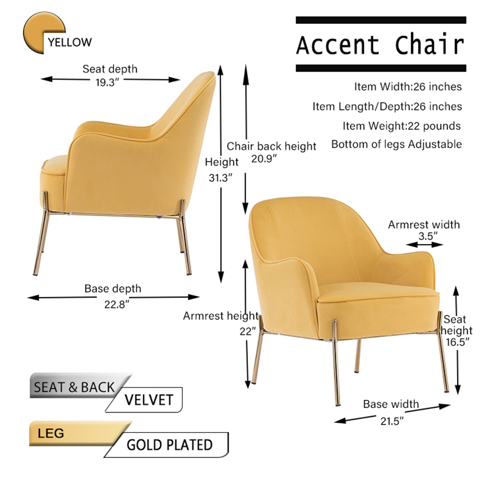 Velvet Upholstered Armchair with Ergonomic Curved Backrest and Height-adjustable Metal Legs for Living Room, Dining Room, Bedroom, Office - Yellow