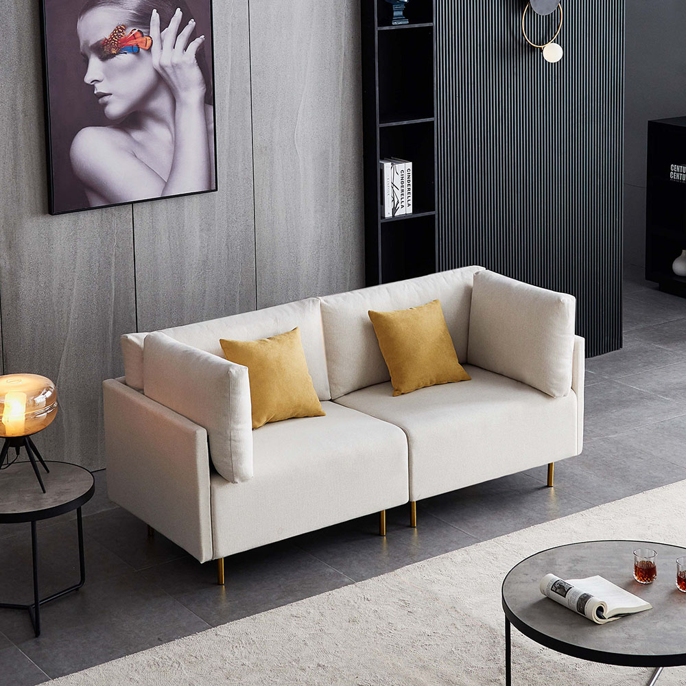 74" Dual Person Fabric Sofa Metal Legs Foam Filling, Easy to Clean, for Living Room, Apartment, Studio, Office - Beige