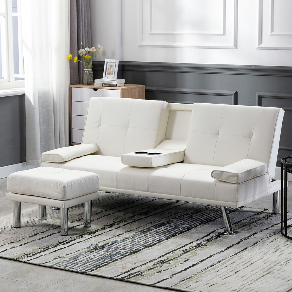 Folding Air Leather Sofa Bed with 2 Cup Holders and 1 Footrest for Apartments, Studios - White