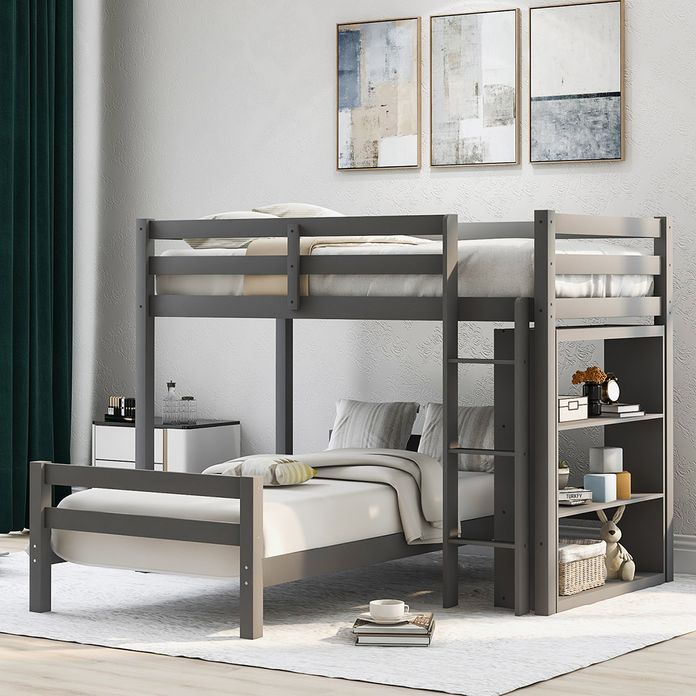 Twin-Over-Twin Size Wooden Bunk Bed Frame with 3-layer Shelf, for Families with Multiple Children - Gray