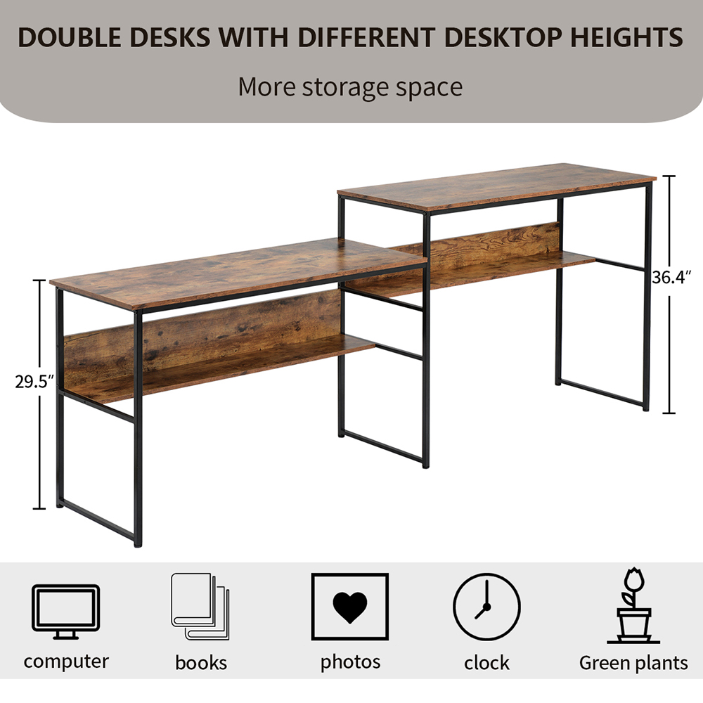 Home Office Dual Person Computer Desk Different Heights of the Desktop, with Open Bottom Shelf - Brown