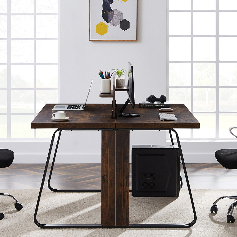Home Office Dual Person Computer Desk Industrial Modern Design Steel Frame MDF Board - Tiger