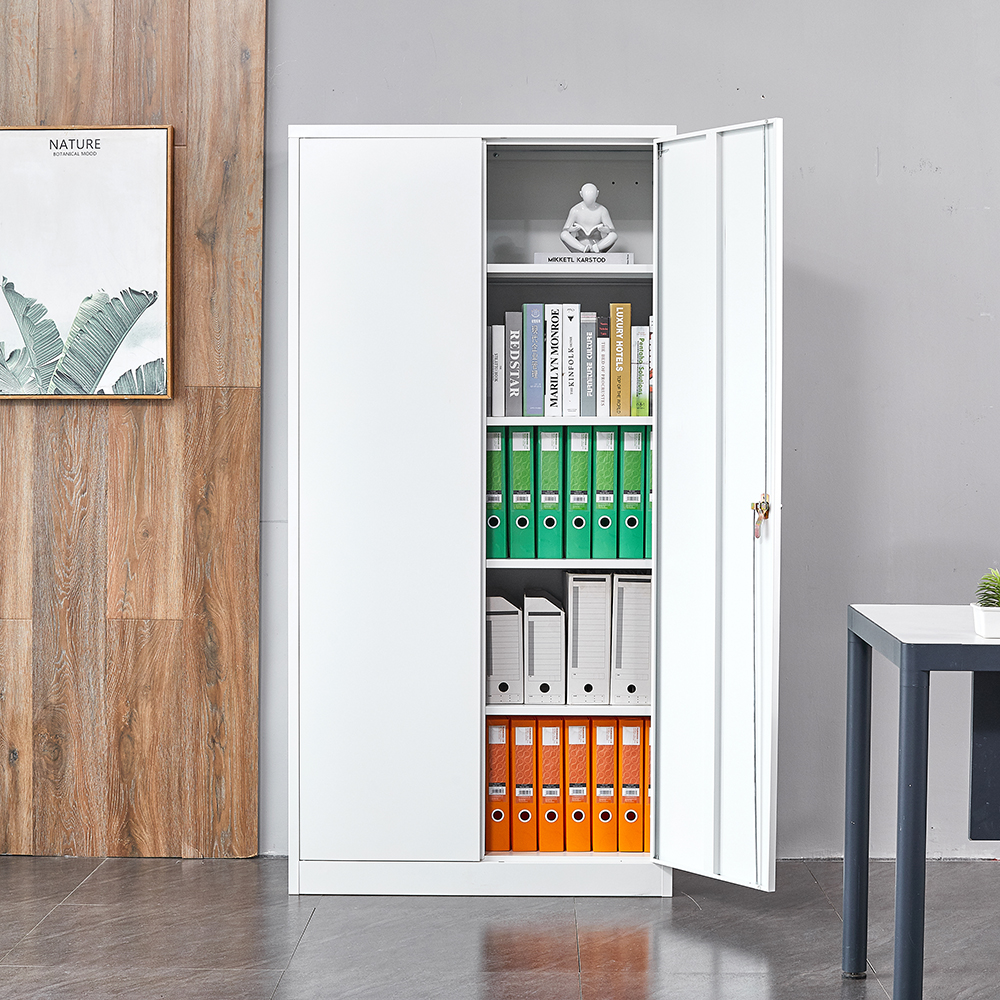 Home Office Steel Storage Cabinet with 4 Adjustable Partitions and Door Lock - White