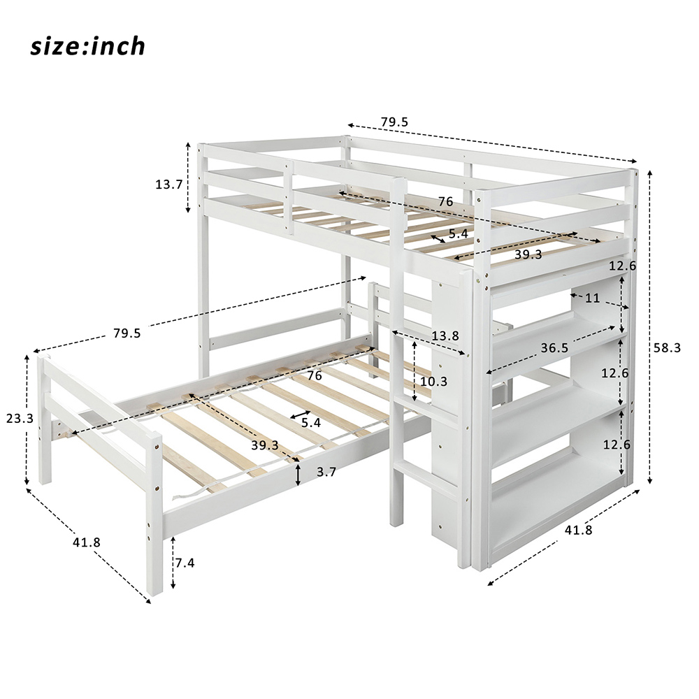 Twin-Over-Twin Size Wooden Bunk Bed Frame with 3-layer Shelf, for Families with Multiple Children - White