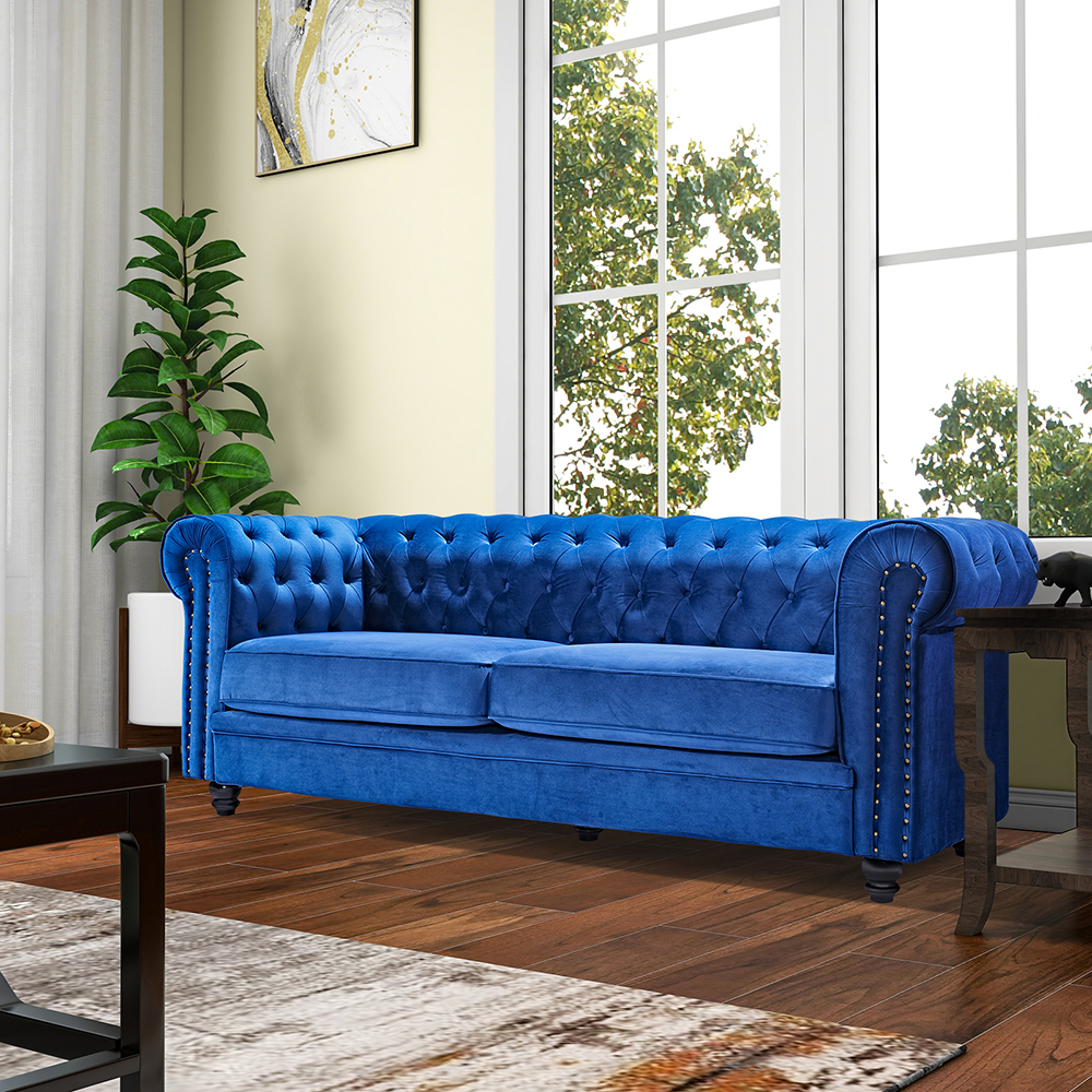 2-seats Velvet Sofa Solid Wood Oak Legs for Living Room, Bedroom, Office, Hotel, Bar, Restaurant - Blue