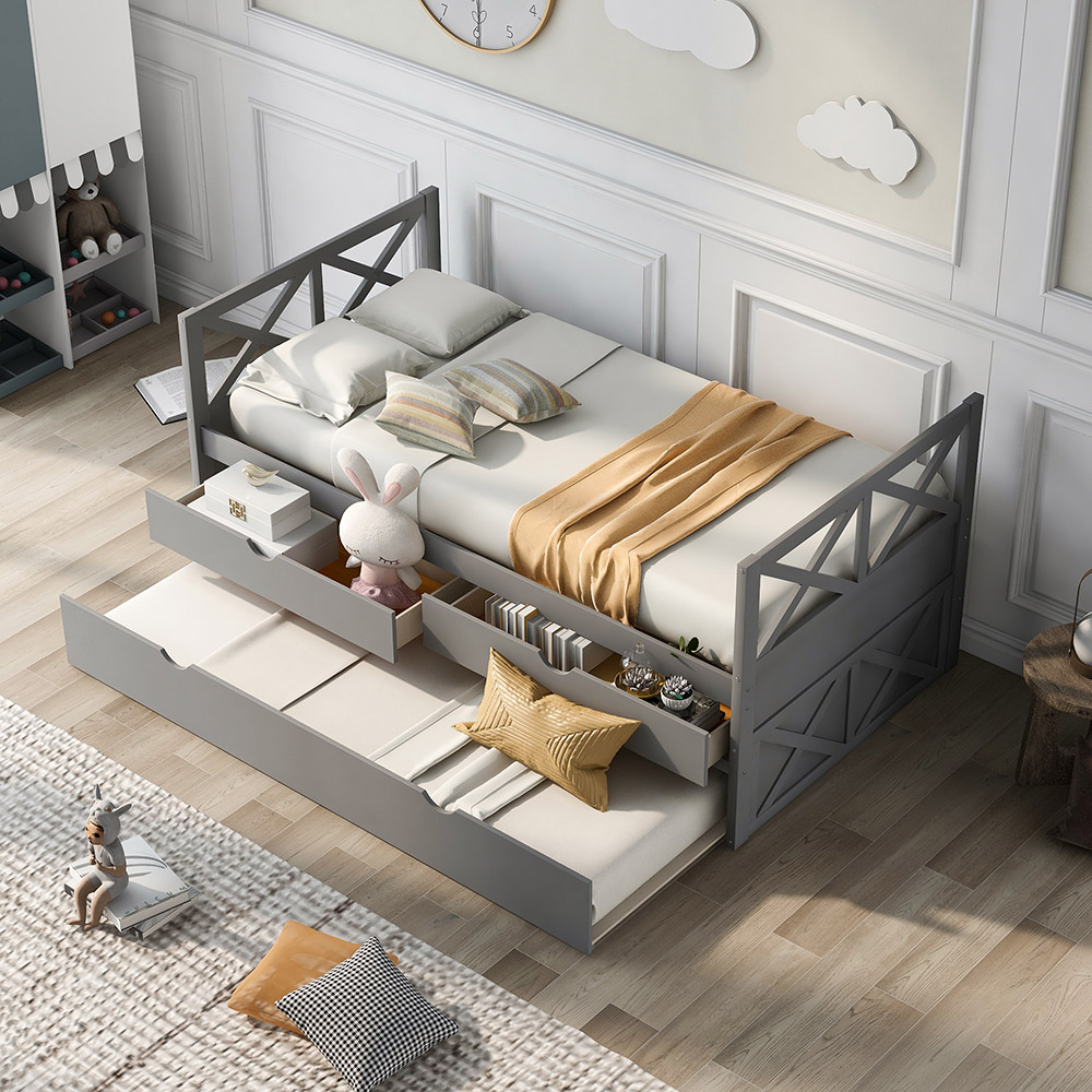 Twin Size Wooden Bed Frame with Storage Drawers and Trundle Bed Suitable for Family with Multiple Children - Gray