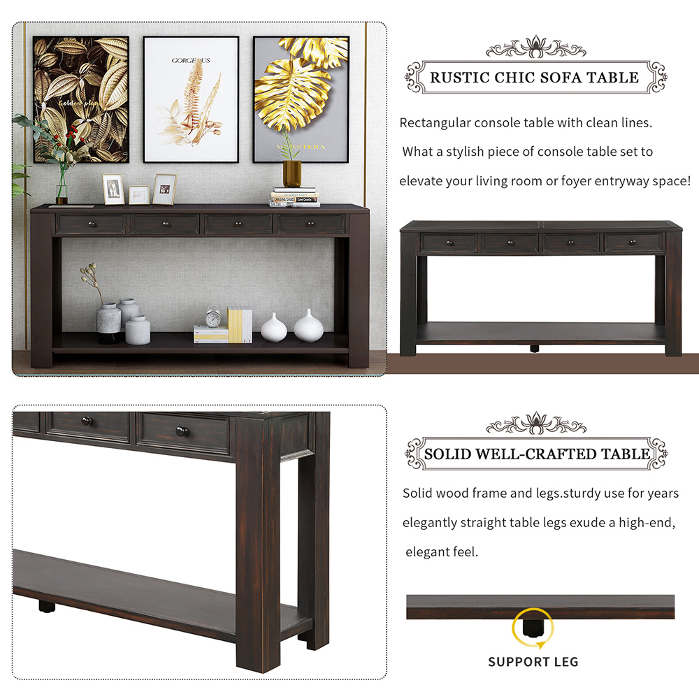 TREXM 64'' Console Table with 4 Storage Drawers and Bottom Shelf, for Entrance Hallway, Dining Room, Bedroom - Black