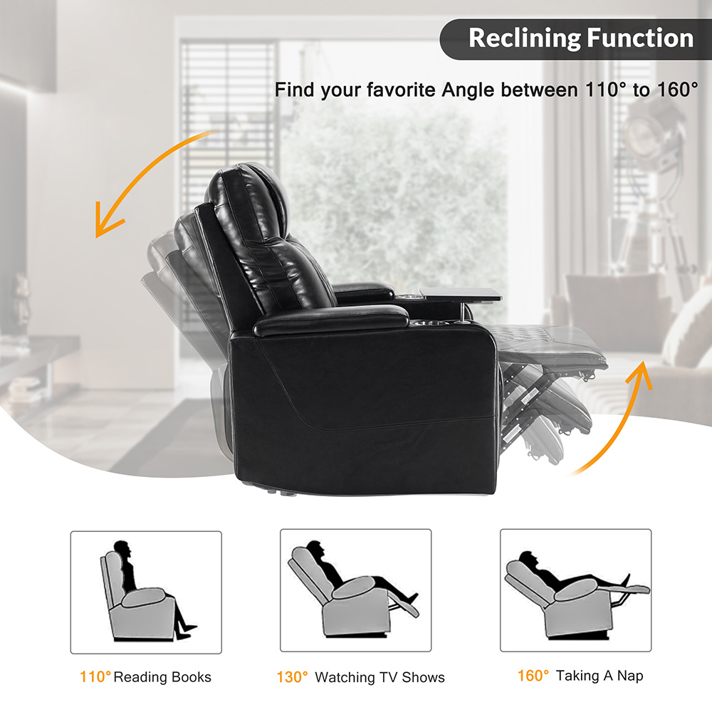Orisfur PU Leather Electric Recliner with USB Charging Port, 2 Cup Holders, and Hidden Arm Storage for Home Theater, Office, Living Room - Black