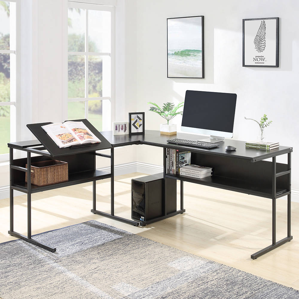 Home Office 67" L-Shaped Computer Desk with Tiltable Tabletop and Bottom Bookshelf - Black
