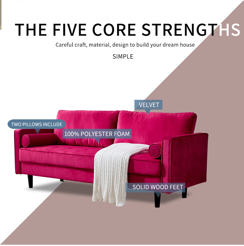 75.6" 3-Seat Velvet Fabric Upholstered Sofa with Armrests and Solid Wood Legs for Apartment, Office, Living Room, Bedroom - Red