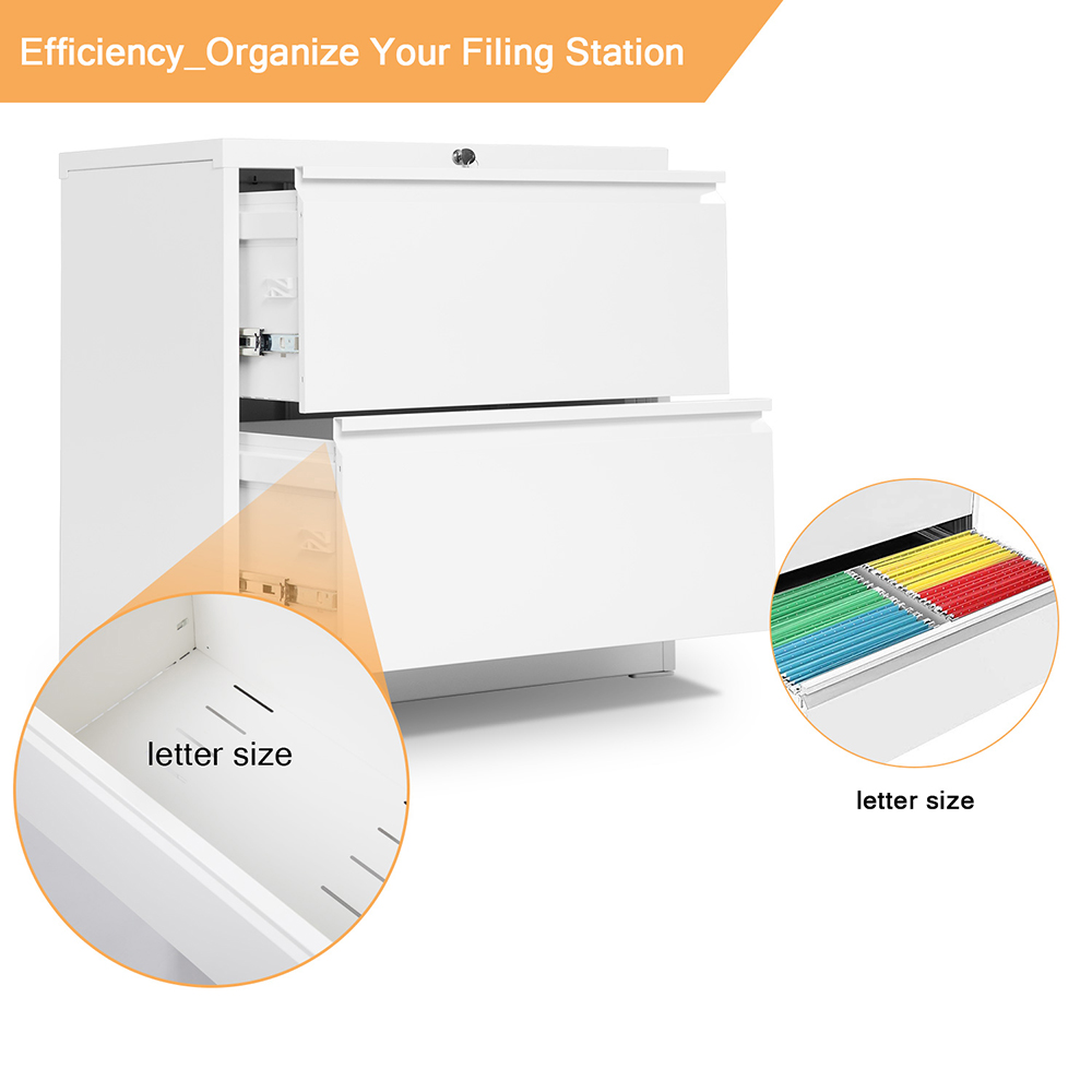 Home Office Lateral Metal Lockable File Cabinet with 2 Storage Drawers, for A4, Letter-Sized and Legal-Sized Hanging Documents - White