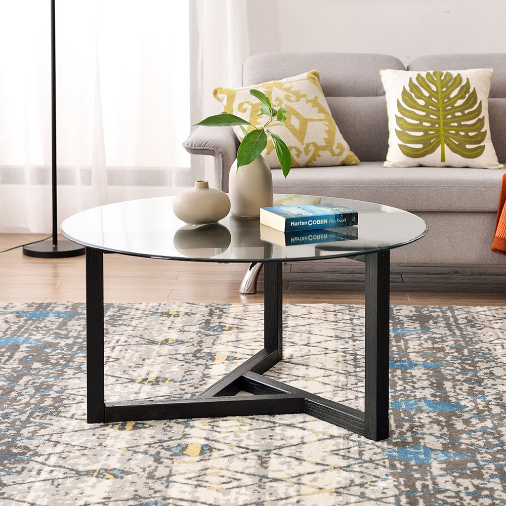 TREXM 35" Round Tempered Glass Coffee Table with Wood Base, for Kitchen, Restaurant, Office, Living Room, Cafe - Espresso