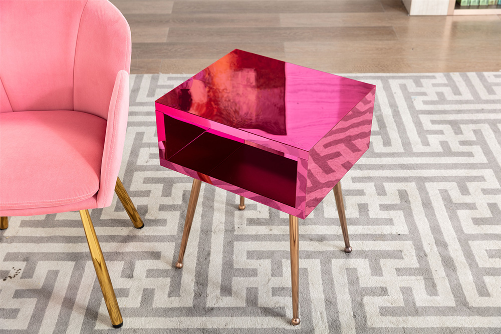 COOLMORE Mirror Bedside Table End Table with Metal High Legs for Living Room, Bedroom, Office, Dressing Room - Peach