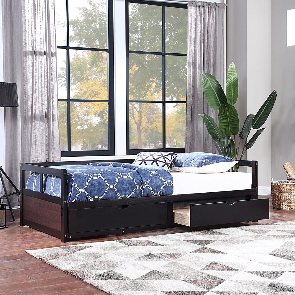 78.2" Twin Size Wooden Daybed with Trundle Bed and 2 Storage Drawers, No Need for Spring Box, for Living Room, Bedroom, Office, Apartment - Espresso