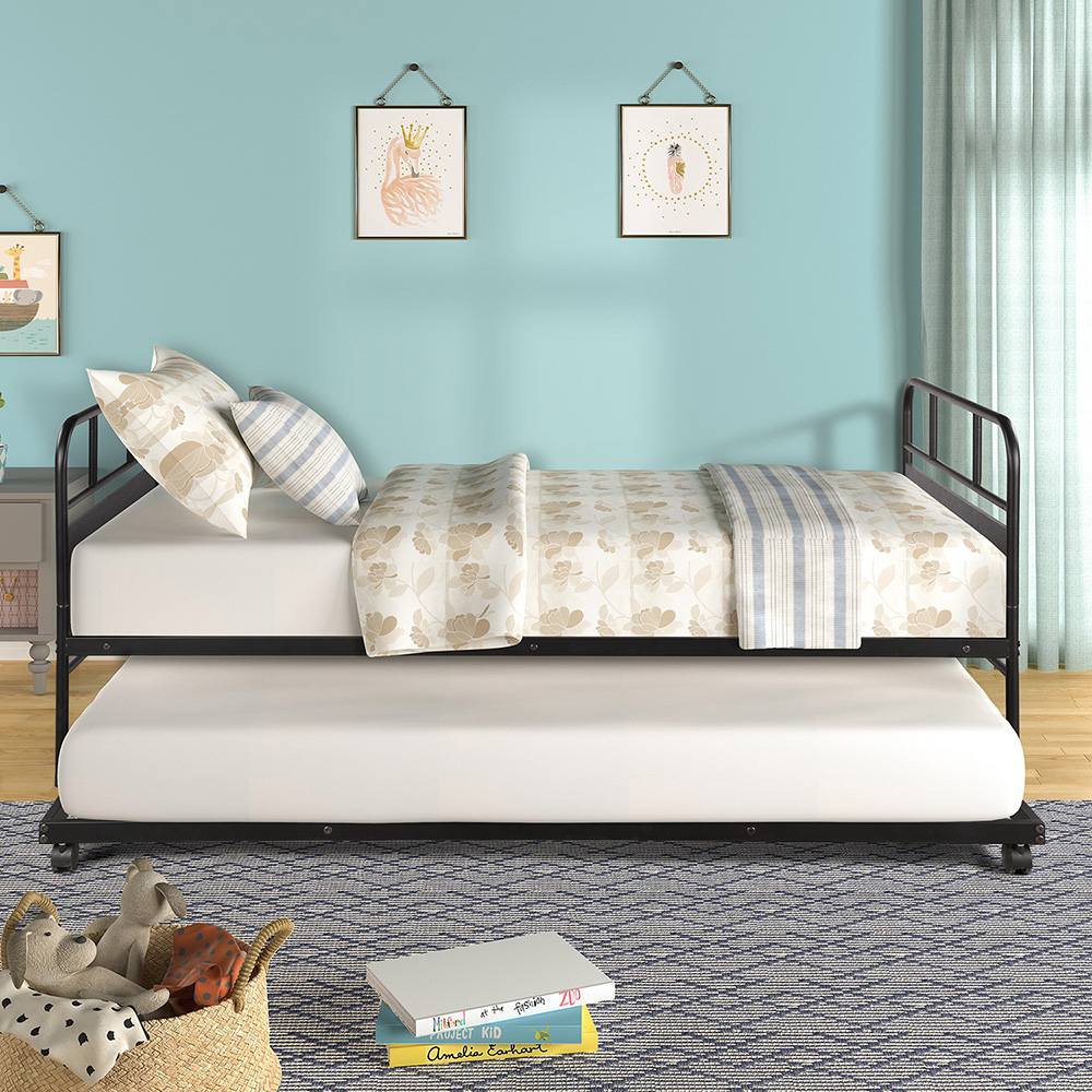 Twin Size Metal Daybed Frame with Trundle Bed and Metal Slats Support, No Need for Spring Box, for Living Room, Bedroom, Office, Apartment - Black