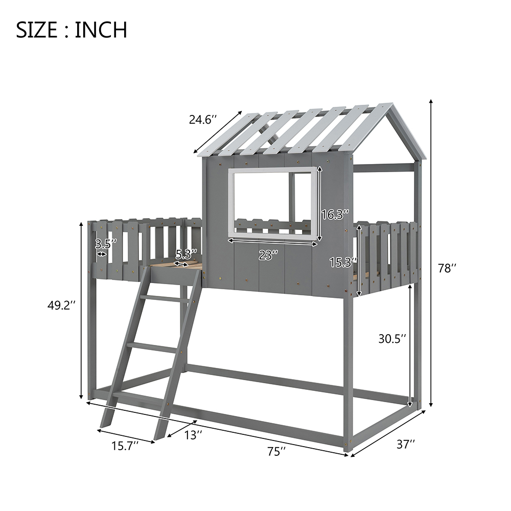 Twin-Size Wooden Floor Children's Bunk House Bed Frame with Rustic Fence-Shaped Guardrail and Ladder, No Need for Box Spring - Gray