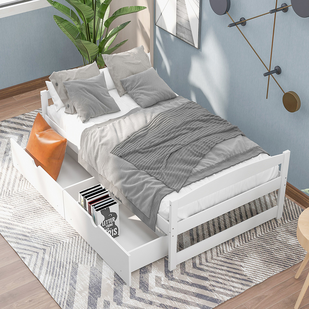 Twin Size Wooden Platform Bed Frame with 2 Storage Drawers, and Wooden Slats Support, No Spring Box Required - White