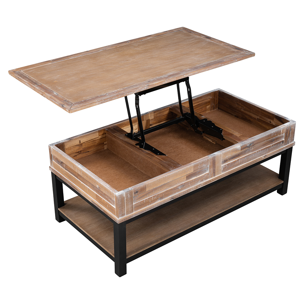 U-Style Rectangle Lift Top Coffee Table with Inner Storage Space and Shelf, for Kitchen, Restaurant, Office, Living Room, Cafe - Brown