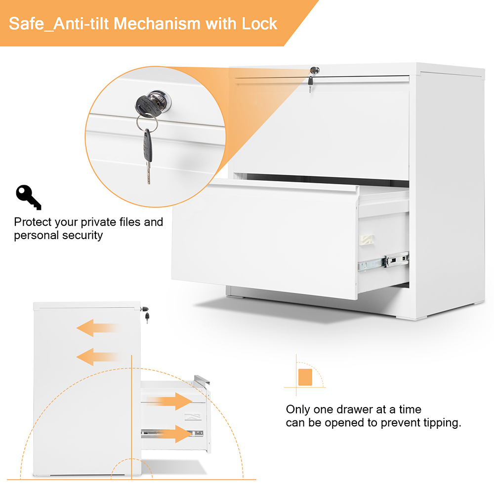 Home Office Lateral Metal Lockable File Cabinet with 2 Storage Drawers, for A4, Letter-Sized and Legal-Sized Hanging Documents - White