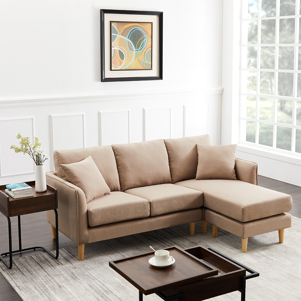 Polyester Fabric L-shaped Corner Sofa with 2 Pillows and Ottoman for Living Room, Bedroom, Office, Apartment - Brown
