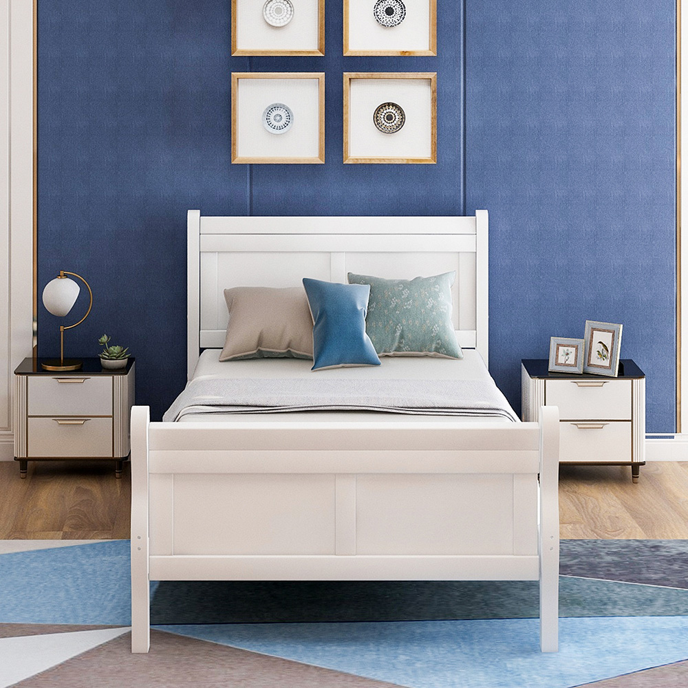 Twin-Size Wooden Platform Bed Frame with Headboard, Footboard, and Wooden Slats Support - White